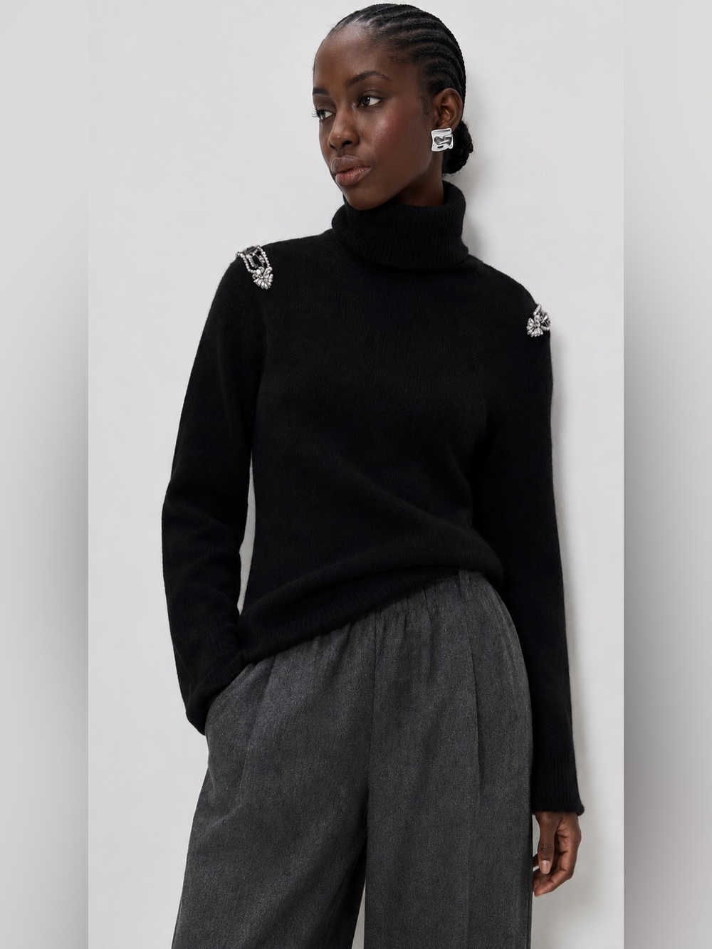 The Kooples Cashmere Wool Turtleneck Black Sweater Embellished Crystals *E
